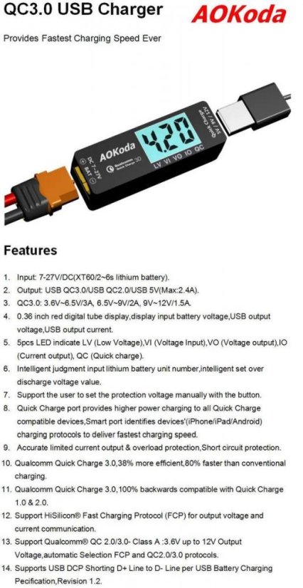AOKoda USB QC3.0 nabíječka LiPo XT60