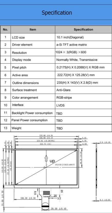 10.1" TFT displej 1024*600 LVDS 40pin