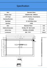 7palcový TFT displej, 1024x600, IPS, LVDS, 40pin