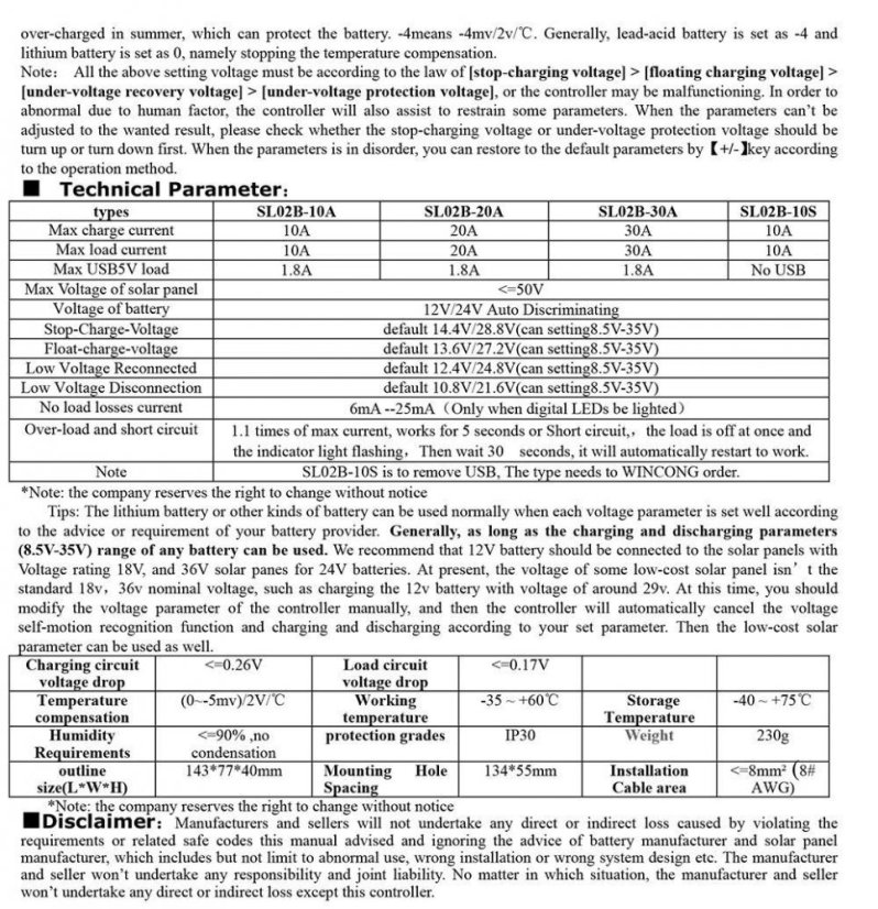 Original WINCONG SL02B 12V/24V Solar PWM Regulator