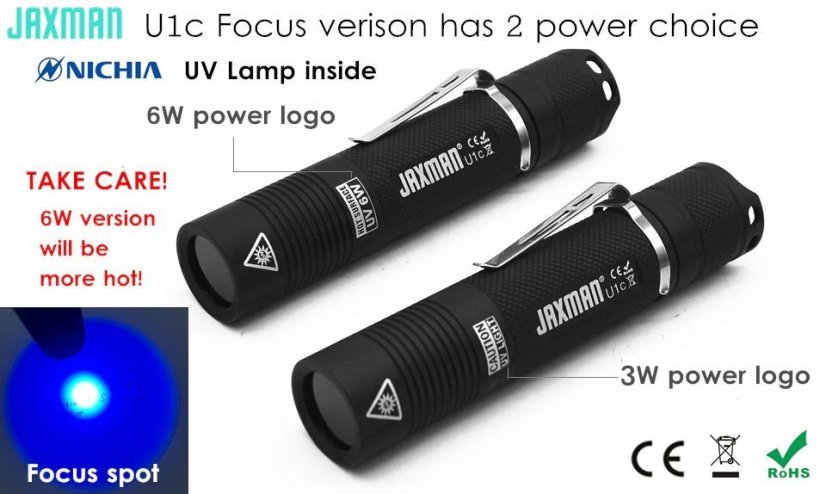 JAXMAN U1c 365nm UV LED Flashlight with ZWB2 Filter