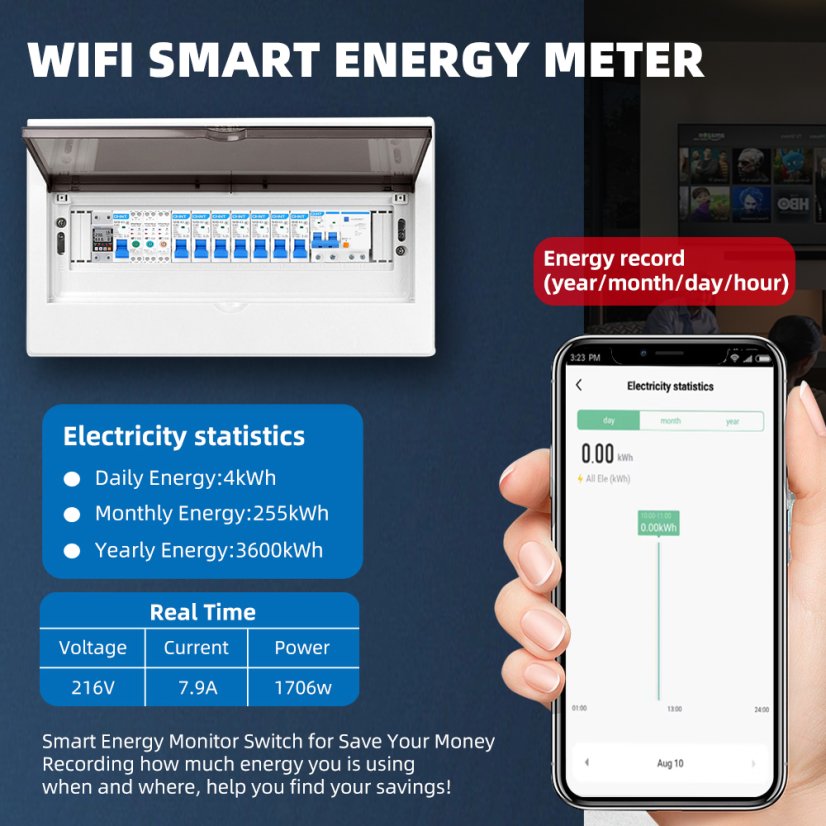 63A 1P+N WIFI Smart Switch a Elektroměr KWh
