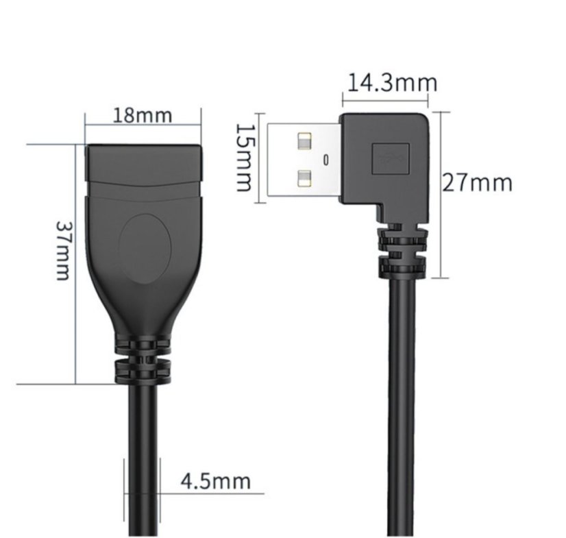 USB 2.0 prodlužovací kabel, samec-samice, zahnutý, 0.5m