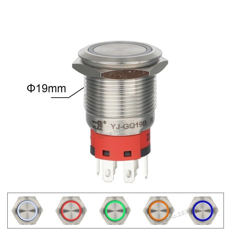 LED Tlačítkový Spínač 24V s RGB LED, 5A, 19mm, 4 Nožiček, Voděodolný IP65