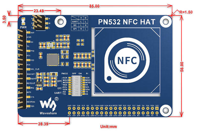 PN532 NFC HAT pro Raspberry Pi – I2C | SPI | UART 13,56 MHz