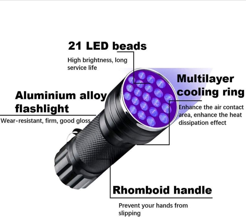 SV021 21 UV LED svítilna 2W - Účinná UV baterka s 21 LED diodami