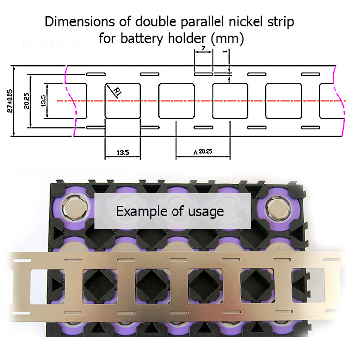 Poniklovaná ocelová páska pro 2x18650, 10 m - vhodná pro bodové svařování - Poniklovaná ocelová páska - Model: 0.12x27x20.2 paralelní, držák
