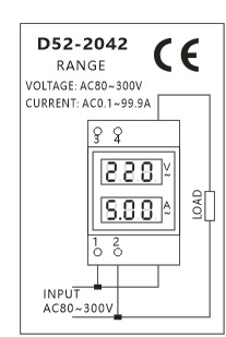 D52-2042 100A LED digitální ampérmetr/voltmetr DIN AC - Rozsah měření teploty: 80-300V
