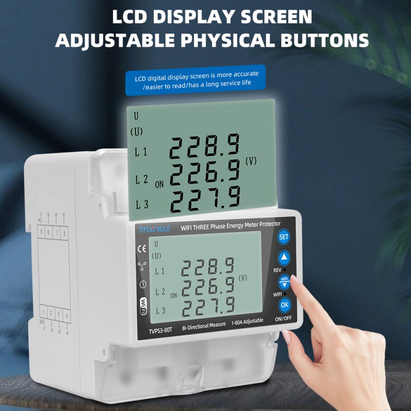Inteligentní 3fázový WiFi elektroměr Tuya 380V s ochranou