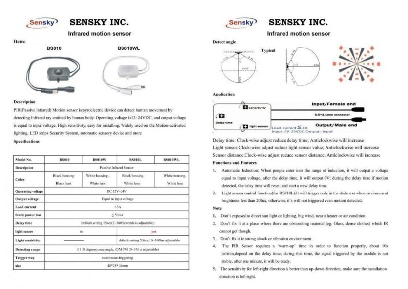 BS010 Infrared Motion Sensor 12V