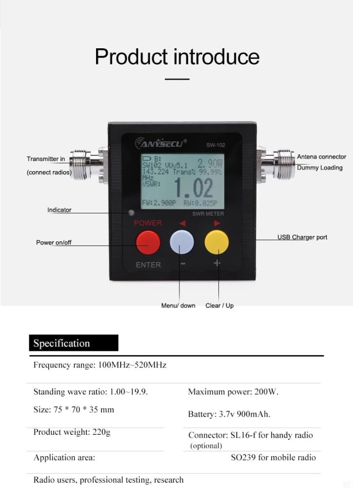 SW-102 Digital VSWR Power Meter 125-525MHz